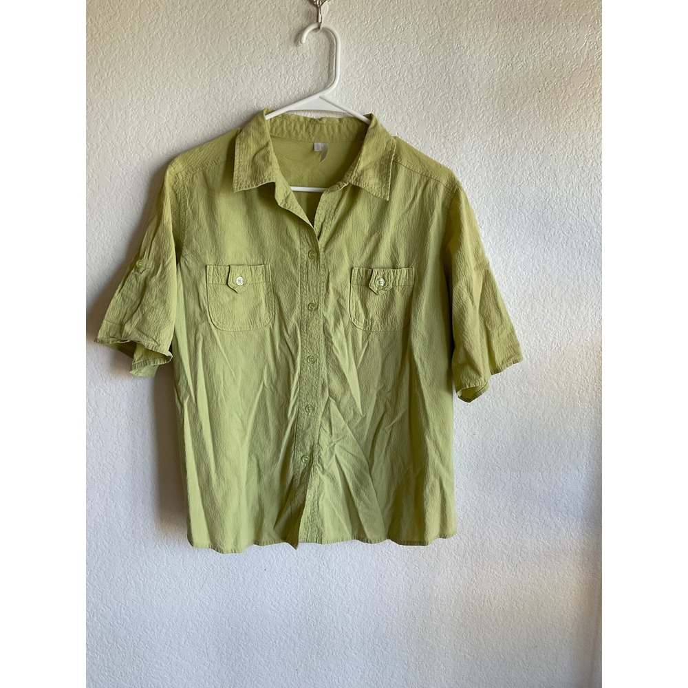 White Stag Vintage 90s Lime Green Textured Button Down Shirt Roll Tab Sleeve M